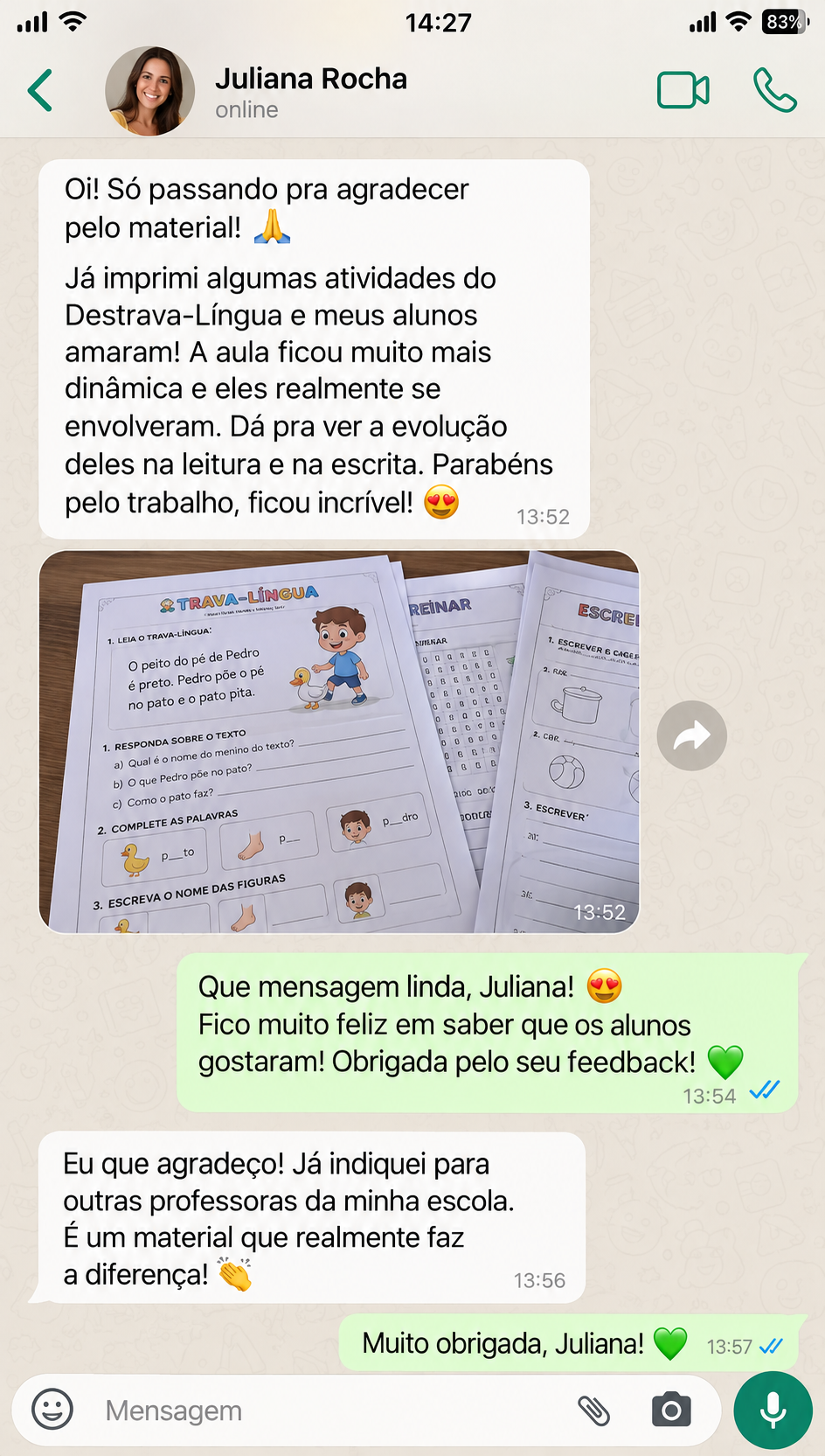Feedback de cliente sobre as atividades Destrava-Língua