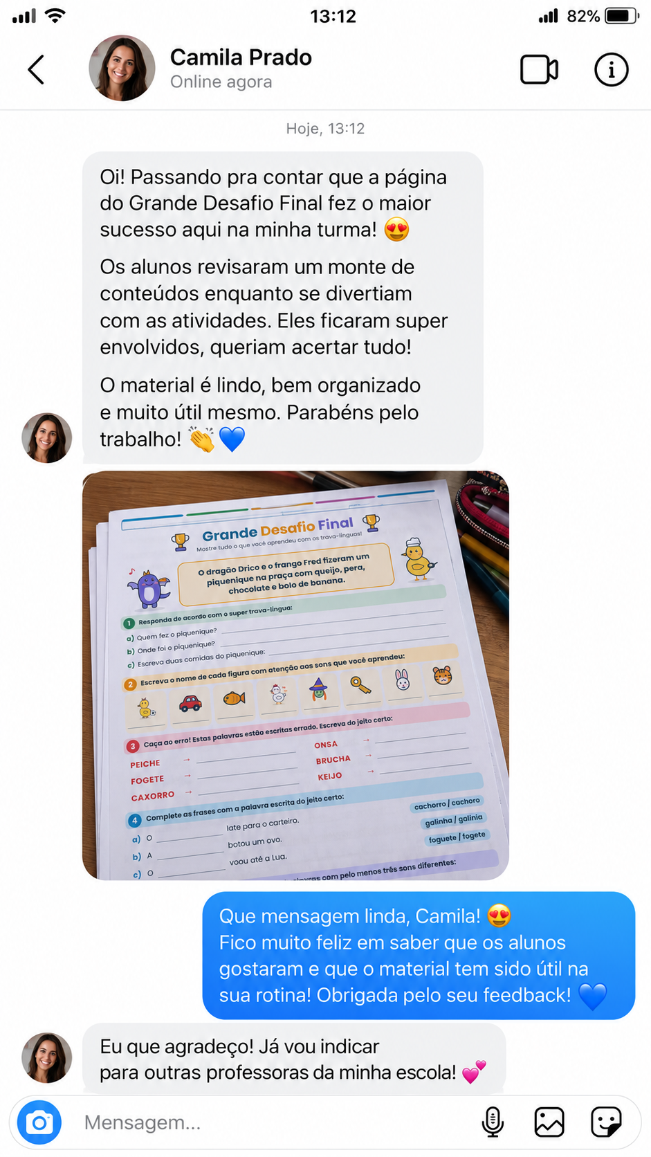 Avaliação de professora sobre a apostila